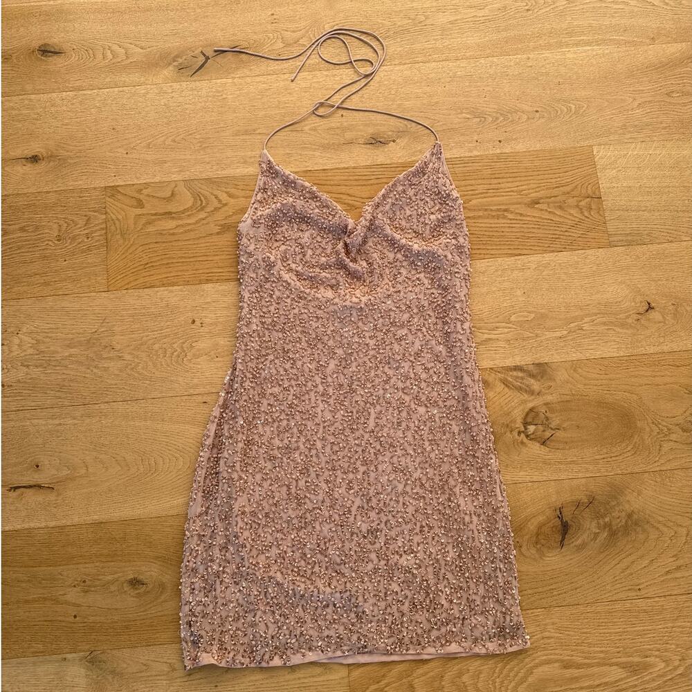 Alice + Olivia - Cowl Halter Neck Crystal Beaded Mini Dress in Peach